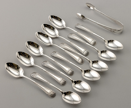 Victorian Sterling Silver Teaspoon (Set of 12) and Tongs Set - Lozenge/ Diamond Registration Mark